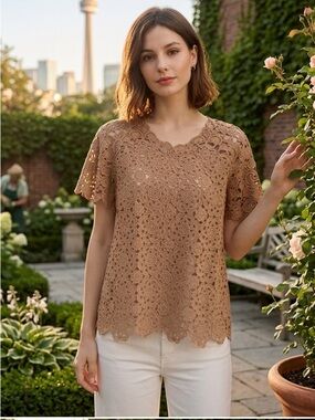 Vivienne Tam Vintage Purple Label 3D Floral Lace Cheongsam Top Tan Small